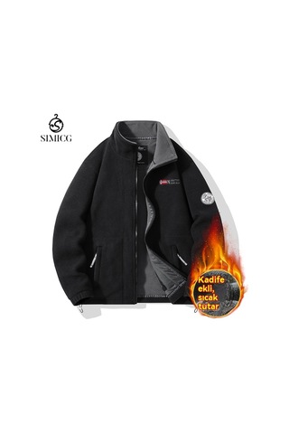 Polar Astarlı, Kalınlaştırılmış Polar Astarlı, Sıcak Büyük Beden Erkek Ceketi Siyah