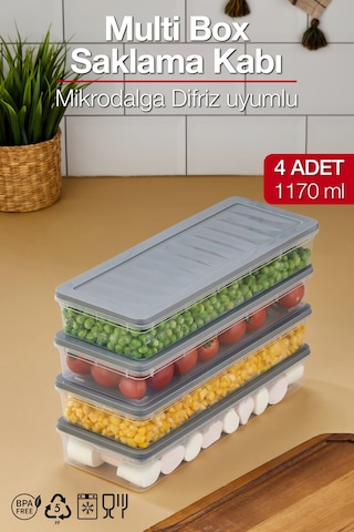 Multi Box 4 Lü Set Saklama Kabı Seti - Dondurucu & Mikrodalga Uyumlu Gri