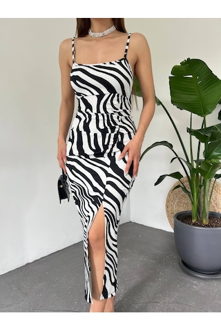 Hazego Kadın Zebra Baskılı Omuz Askılı Sırt Dekolteli Yırtmaç Detay Elbise Beyaz