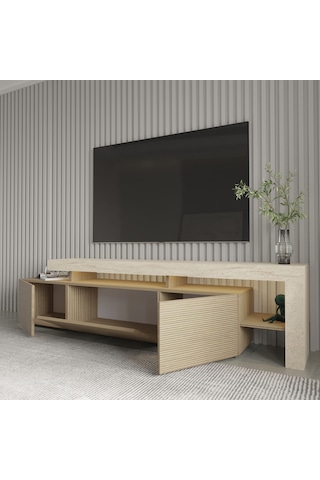 Beliz Modern Led Işıklı 3 Kapaklı, Raflı Tv Sehpası 192 Cm Traverten/sıcak Meşe