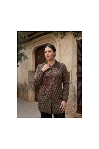 Onno Style Women Ekose Gül Pike Desenli Çelik Örgü Kadın Triko Kaban Kahverengi