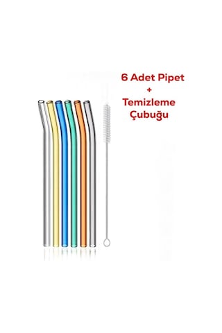 Perotti Straw 6'li Renkli Cam Eğimli Isıya Dayanıklı Borosilikat Pipet Ve 1 Adet Pipet Temizleme Fırçası