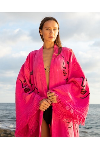 Befera Müslin Kimono Pamuklu Kadın Silüeti Desenli Bornoz Kaftan Sabahlık Fuşya