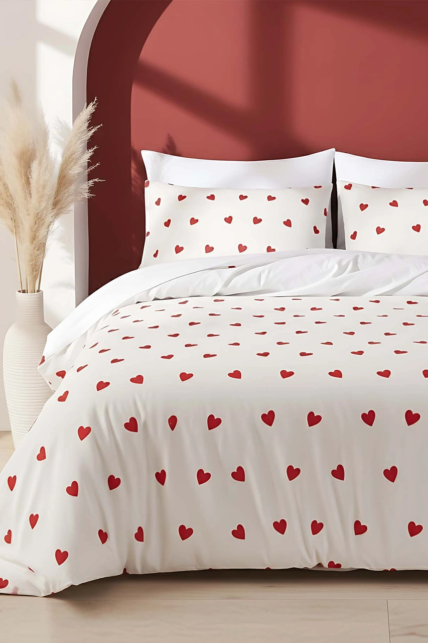 Rivaİstanbul Kırmızı Kalpli Çift Kişilik Nevresim Takımı Pamuklu Kırmızı - Beyaz