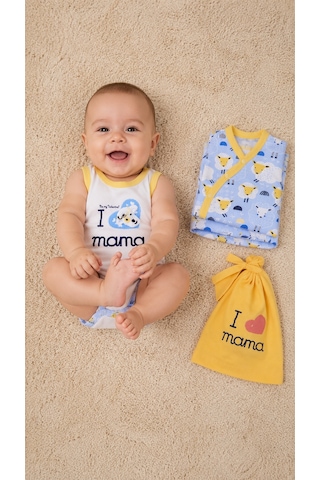 Babyhola Bebek Çıtçıtlı Badi Tulum Bere 3'lü Takım %100 Pamuk Annemi Seviyorum Yazılı 587-8 Mavi
