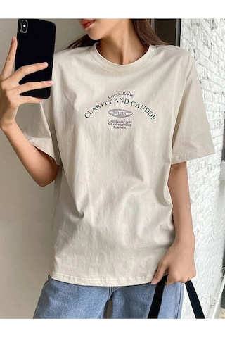 Clarity And Candor Baskılı Unisex Oversize T-shirt Bej