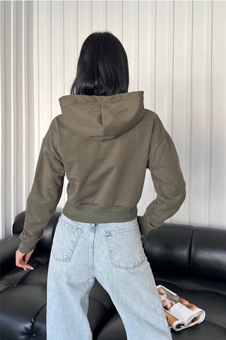 Femelle Kadın Haki Kapüşonlu Fermuarlı Crop Hırka