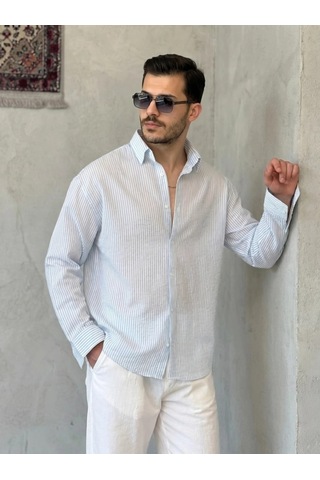 Valensdesign Erkek İnce Çizgili Gofre Kumaş Rahat Kalıp Gömlek Buz Mavi