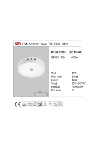 Sensörlü Sıva Üstü Slim Led Panel 18 W Beyaz Işık Bp03-51830 Bra