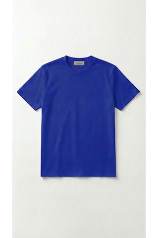 Unisex Düz Renk Bisiklet Yaka Basic Tişört Mavi