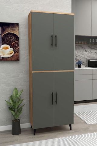 Meta 6 Raflı 4 Kapaklı Çok Amaçlı Xl Dolap Mutfak Banyo Balkon Erzak Killer Dolabı Çam-antrasit