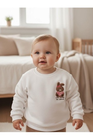 Zekids Kız Bebek Pamuklu Punch Tavşan Nakışlı Sweatshirt-16336 Beyaz