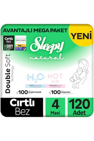 Sleepy Natural Double Soft Avantajlı Mega Paket Bebek Bezi 4 Numara Maxi 120 Adet