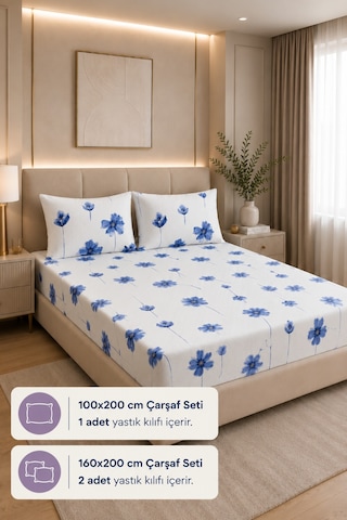 Desenli Lastikli Çarşaf Takımı Fitted Çarşaf Ve Yastık Kılıflı Seti Tek-çift Kişilik Mavi