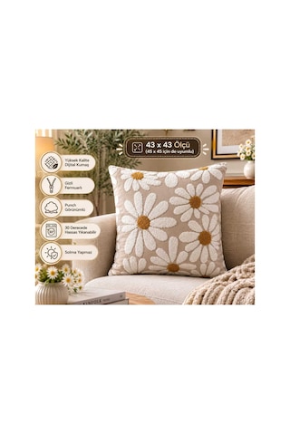 Papatya Desenli Punch Görünümlü Dijital Baskılı Dekoratif Gizli Fermuarlı Kırlent Kılıfı 43x43 Cm Çok Renkli Çok Renkli