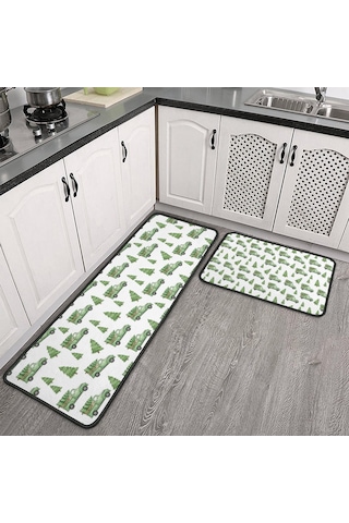 Noel Desenli 2'li Mutfak Matı, Anti-yorgunluk, Yastıklı Ve Kaymaz, Mutfak Ve Ofis İçin Noel Yeşil Kamyon