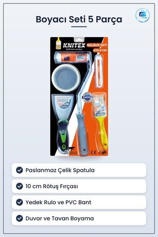 Boyacı Seti 5 Parça Fırça Ve Rulo Paslanmaz Çelik Spatula Pvc Ban
