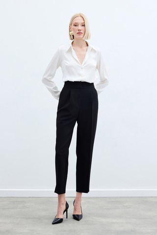 Sateen Yüksek Bel Klasik Pantolon - Siyah-136259 Siyah