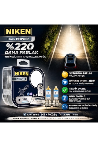 Niken H7%220 Daha Parlak, 4500k Doğal Beyaz Işık, 12v 55w Trafiğe Çıkış Onaylı Dark Power Standart Far Uyumu, 2'li Paket