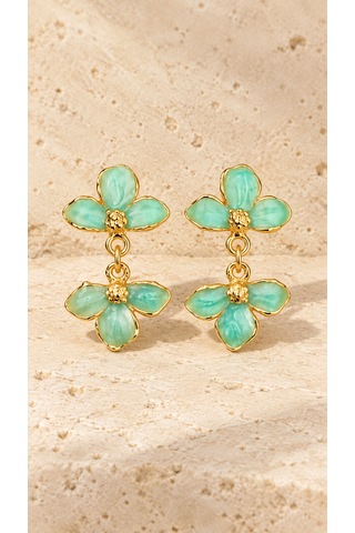Riody Fleur De Menthe Mint Yeşili Çiçek Formlu Sallantılı Gold Renk Kadın Küpe Açık Yeşil