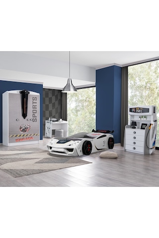 Setaymobilya Sports Çocuk Odası, Vento Araba Dolap Masa Şifonyer - Beyaz