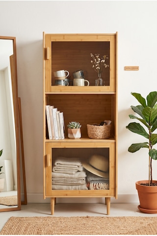 Robin Home Doğal Bambu Çok Amaçlı Dolap Kitaplık 2 Kapaklı Büfe Vitrin Mutfak Dolabı Ahşap Ayaklı Bej