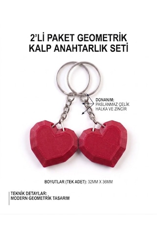 2'li Geometrik Kalp 3d Anahtarlık & Çanta Süsü Kırmızı