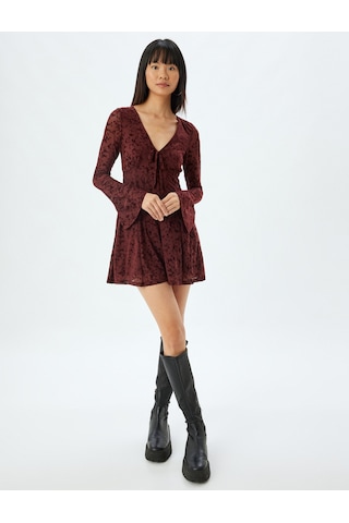 Koton Mini Tulum Şortlu Tül V Yaka Uzun Kollu Dantelli Bordo 5wal40105ık Bordo