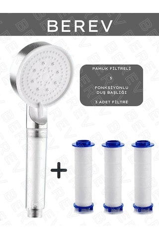 Berev Filtreli 5 Fonksiyonlu Krom Yüksek Basınçlı Ayarlanabilir Duş Başlığı 3 Adet Duş Başlığı Filtresi Krom