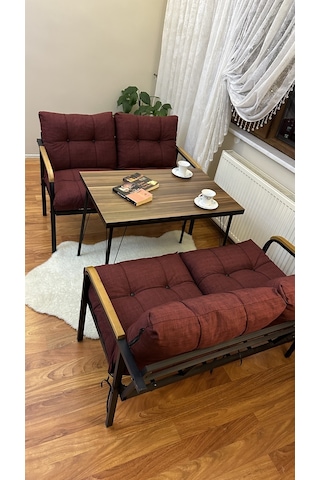 Modern Van Balkon, Bahçe, Cafe - Metal Kanepe Koltuk Takımı 2+2 +masa Takım Bordo