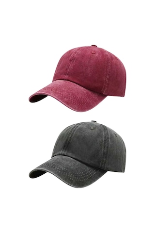 Tezzgelsin Unisex Eskitme Vintage %100 Pamuklu Ayarlanabilir Beyzbol Kep Şapka 2'li Set Kırmızı - Haki