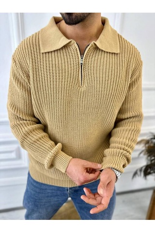 Kazak Oversize Tüylenmez Naturel Pamuk Fermuarlı Polo Yaka Örme Triko Kazak Kahverengi