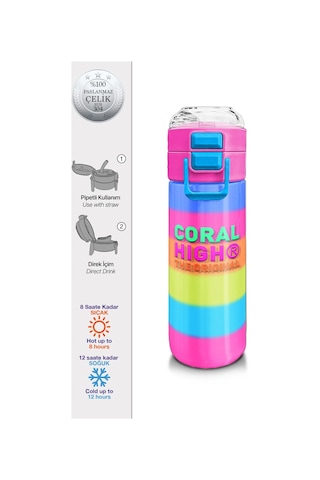 Coral High Kids Renkli Çizgili Pipetli Ve Direk İçimli Paslanmaz Çelik Termos 500 Ml 31986 Pastel Pembe