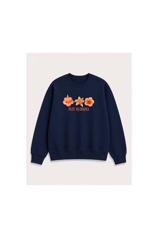 Herkesemoda Turuncu Çiçekler Baskılı 2 İplik Şardonlu Bisiklet Yaka Sweatshirt Lacivert