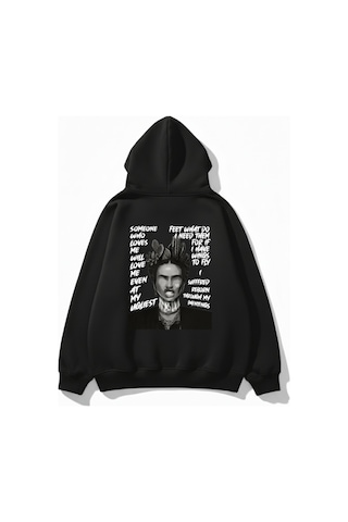 Uyguntarz Unisex Yumuşak Dokulu Frida Kahlo Viva La Vida Baskılı Tasarım Oversize 3 İplik Hoodie Sweatshirt siyah