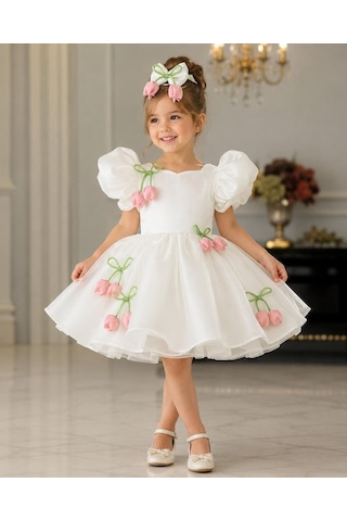Star Kids Fashion Kız Çocuk Lila Prenses Elbisesi Çiçek İşlemeli Kabarık Tül Abiye Doğum Günü Özel Gün Elbisesi kırmızı