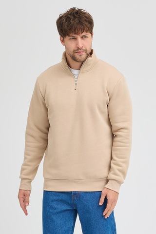 Unisex Regular Fit Rahat Kesim Pamuklu Içi Polarlı Yarım Fermuarlı Bej Dik Yaka Sweatshirt Bej