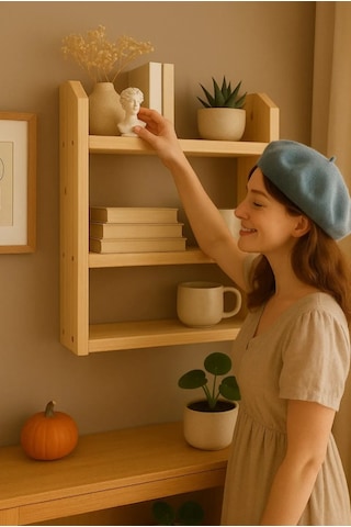 3 Katlı Ahşap Duvar Rafı 50x50x9 Cm Krem