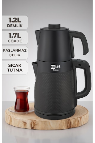 Egetürk Coverlı Elektrikli Çay Makinesi, Çaycı 2000w 1.7l Su Isıtıcı 1.2l Demlik Paslanmaz Çelik Siyah