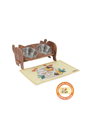Ahşap Kedi Mama Seramik Su Kabı Standı,kedili Mama Kabı, Hediye Kedi Halısı