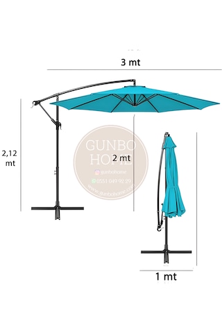 Gunbo Home 3 Mt 8 Kaburga Full Demir 21 Kg Turkuaz Bahçe Şemsiyes