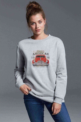 Amerikan Eski Model Klasik Araba Tabela Baskılı Gri Kadın Sweats