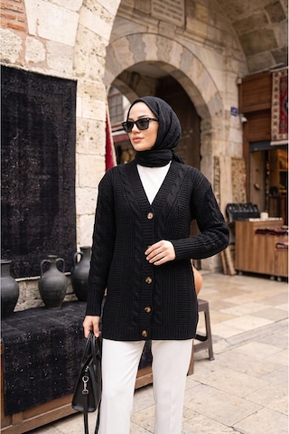 Sayzen Your Shine Trend Saç Örgülü Düğmeli Tunik Hırka Siyah