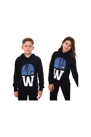 Çocuk Bere Baskılı Ve İşlemeli Kapüşonlu Sweatshirt-13410-siyah Siyah