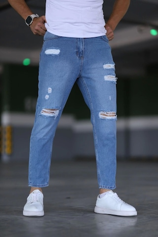 Erkek Boyfiend Yırtıklı Mavi Kot Pantolon Mavi