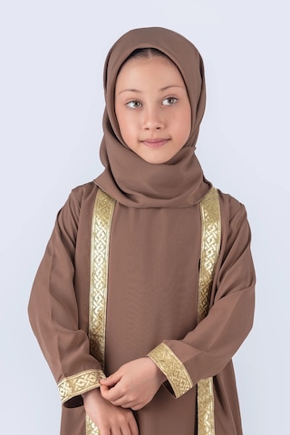 Eşarplı Ferace Medine İpek Kumaş Kız Çocuk Kahverengi