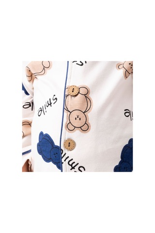 Bebegen Unisex Ekru Kahve Laci Biyeli Smile Yazılı Ayıcık Desenli Kruvaze Yaka Pijama Takımı Çok Renkli