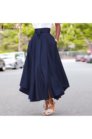 Zanzea Bayan Yaz Yüksek Bel A Hattı Yırtmaçlı Etek Cepli Kahverengi