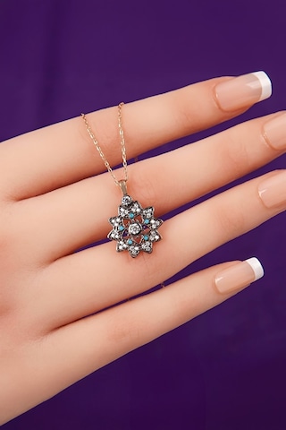 Firuze Ve Zirkon Taşlı Kalem Rodajlı Çiçek 925 Ayar Gümüş Bayan Kolye - 50 CM