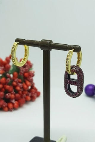 Caisyabutik Altın Kaplama Renkli Zirkon Taşlı Özel Seri Çelik Küpe 2,5 CM Altın